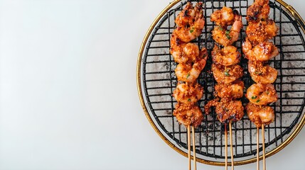 Grilled shrimp skewers served on a round grill plate against a white background.