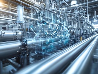 Poster - A modern factory with a network of pipes and machinery, with a holographic projection of a data visualization graph.