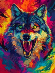 Naklejka na meble A vibrant, colorful illustration of a roaring wolf with intense features, set against a dynamic, abstract background.