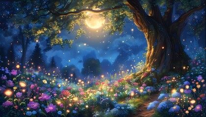 Wall Mural - Enchanted moonlit forest adorned with luminous flowers and an ancient towering tree