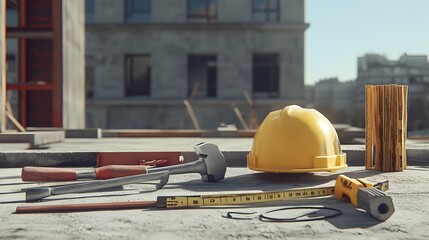 A photograph showcasing an assortment of construction tools including a hammer wrench hard hat and measuring tape neatly arranged on a concrete surface with an unfinished building in the background