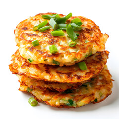 Wall Mural - Crispy vegetable pancakes garnished with scallions isolated on white background
