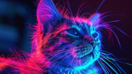 Poster - vibrant neon glowing cat silhouette with futuristic light effects in dark background, perfect for di