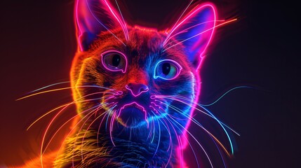 Poster - vibrant neon glowing cat silhouette with futuristic light effects in dark background, perfect for di