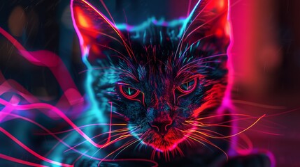 Poster - vibrant neon glowing cat silhouette with futuristic light effects in dark background, perfect for di