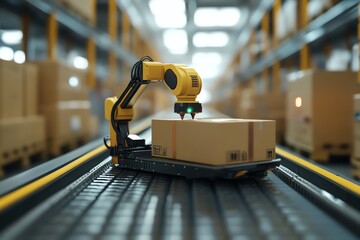 Aufkleber - A robotic arm moves along a conveyor belt in a warehouse, picking up a cardboard box.