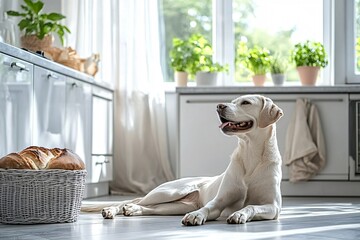 A cheerful dog lounging in the sun on a kitchen floor freshly baked bread cooling on the counter peaceful home atmosphere with open windows and breezy curtains