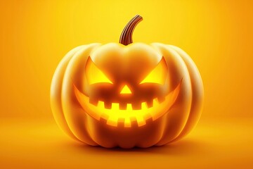 Halloween pumpkin with glowing face isolated on a bright yellow background. Generative Ai