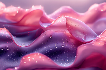 Poster - Soft pastel waves of fabric undulate gracefully, showcasing delicate droplets that glisten in soft light, creating an ideal backdrop for various designs and themes
