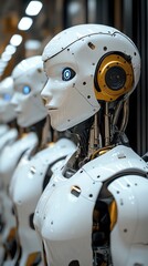 Aufkleber - A row of humanoid robots with white and gold exteriors and blue eyes, standing in a row in a futuristic setting.