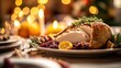 © wikkie - Thanksgiving roast turkey on a plate bokeh background