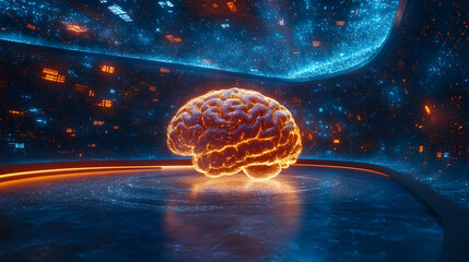 Poster - A glowing brain in a futuristic digital landscape, showcasing creativity and technology.