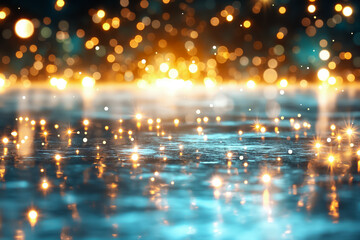 Poster - The visual displays a captivating arrangement of golden bokeh lights, creating a sparkling effect on a calm water surface. This enchanting scene evokes a sense of tranquility