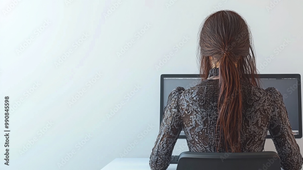 Renaissance woman types on a modern computer in an office, blending ...