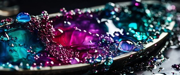 Wall Mural - A mesmerizing close-up of colorful liquid swirling with bubbles. The combination of blue, purple, and pink hues creates a vibrant and artistic visual representing fluid dynamics and motion.. AI