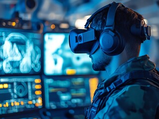 Poster - A soldier wearing a virtual reality headset and headphones in a military command center, with multiple computer screens displaying data and information.