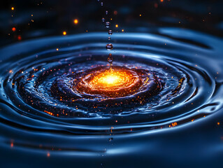 Poster - A mesmerizing swirl of water droplets creating ripples, resembling a mini galaxy with vibrant colors and a cosmic essence.