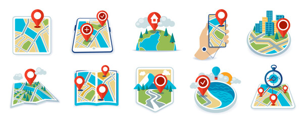 Poster - set of location icons on smartphone and paper for navigation