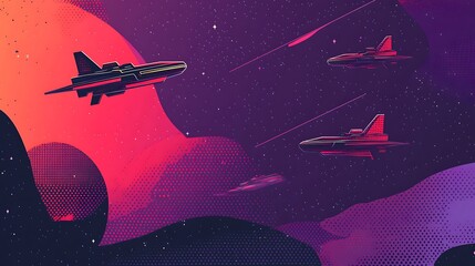 Poster - A futuristic illustration of three spaceships flying through a purple, orange, and pink cosmos.