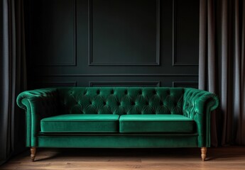 Poster - Photograph of an emerald green velvet sofa against a dark wall, an elegant interior design style. A perfectly symmetrical photo, centered, with copy space.