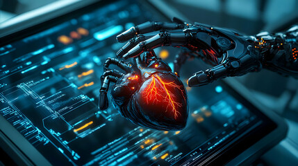 Poster - A robotic hand holds a glowing heart above a futuristic digital interface.