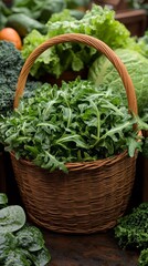 A wicker basket filled with fresh arugula at a vibrant farmer's market, surrounded by various green vegetables.