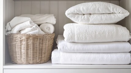 Organized white linens in wicker basket and neat stack on shelf