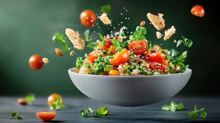 A vibrant, fresh salad with colorful ingredients is mid-air, showcasing healthy eating and culinary creativity.