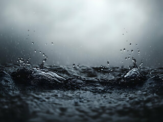 Poster - Close-up of splashing water droplets on a dark surface, creating a dramatic and serene effect.