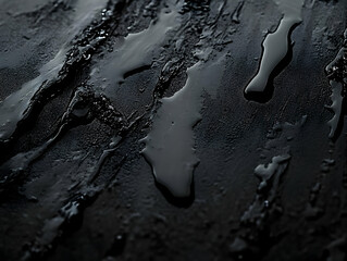 Poster - Close-up view of dark liquid droplets on a textured surface, showcasing reflections and shadows.