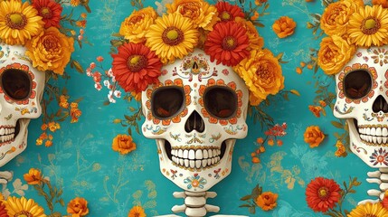 Colorful sugar skulls adorned with vibrant flowers against a bright turquoise background, celebrating Día de los Muertos.