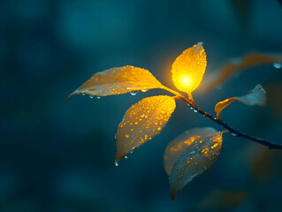 Poster - Delicate leaves glisten with raindrops, illuminated by soft light, creating a serene and enchanting atmosphere.
