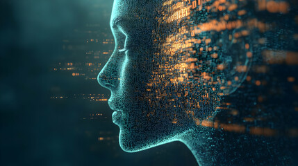 Poster - Digital silhouette of a human head, representing artificial intelligence and data processing, over a dark background.