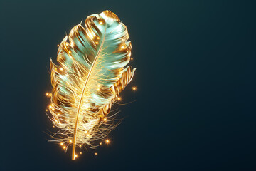 Poster - This artwork features a beautifully crafted golden feather glowing with intricate details against a deep, dark backdrop. The soft light creates a magical and enchanting effect