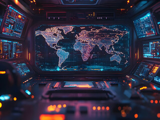 Poster - Futuristic control room with glowing screens displaying a world map. High-tech interface and vibrant colors create a sci-fi atmosphere.