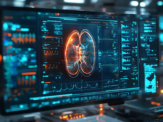 Poster - Futuristic digital display showing lung analysis with advanced data visualization in a high-tech laboratory environment.