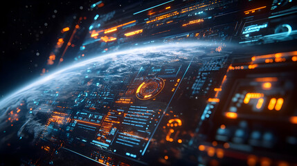 Poster - Futuristic digital interface displaying data and Earth from space, featuring glowing holographic elements.