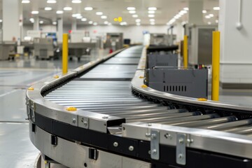 Poster - Empty conveyor belt making a turn inside a modern factory