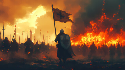 The crusader army goes to war. the knight carries the banner. the sky is lit by fires. 2d illustration, digital art style, illustration painting. Medieval Battle. Illustration