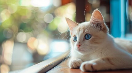 Adorable white cat with striking blue eyes sitting on a table with a bright window in the background, perfect for pet-themed designs, home decor, and cozy lifestyle scenes