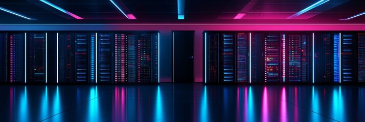 Wall Mural - Modern Server Room with Powerful Servers, Data Center Concept with Glowing Neon Lights, 3D Render