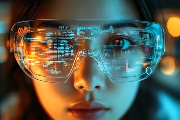 Poster - A woman wearing futuristic glasses with digital information displayed in the lenses.