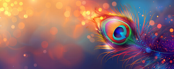 Vibrant peacock feather with colorful bokeh lights and soft gradient background