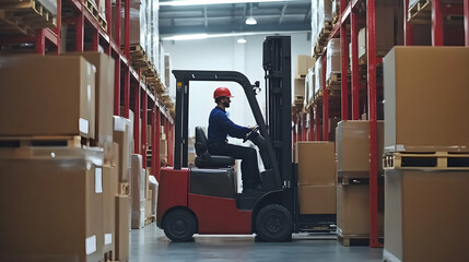 A worker in a logistics warehouse is organizing boxes with a forklift surrounded by shelves filled with goods