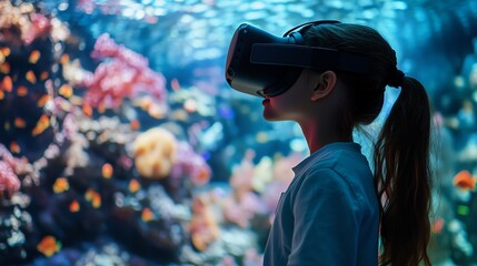 A young girl wearing VR goggles stands in front of an aquarium, experiencing the underwater world virtually.