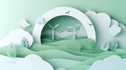 Simplified paper art scene featuring an eco-friendly circular design with wind turbines, trees, and greenery in the background.