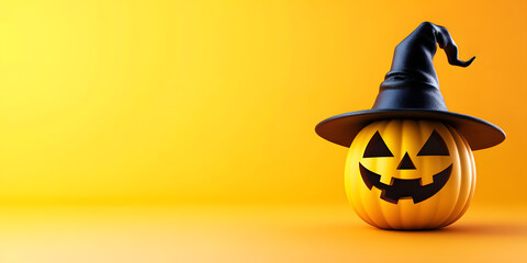 Wall Mural - Halloween background with pumpkin wearing a witch with copy space for text