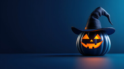 Halloween background with pumpkin wearing a witch with copy space for text