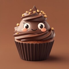 Wall Mural - A cute, smiling chocolate cupcake with a swirl of frosting and decorative sprinkles.