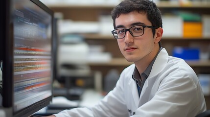 Poster - A young scientist in a lab coat looks directly at the camera while working on a computer.